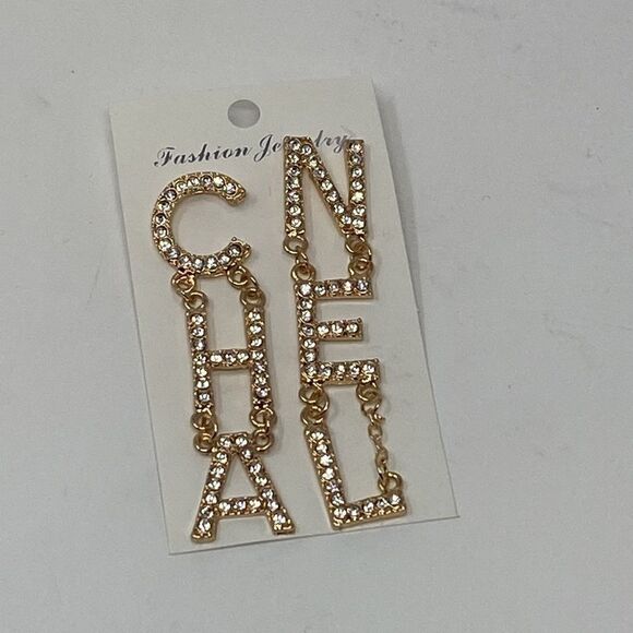 CHA NEL Large Dangling Gold Plated & Cubic Zirconia Earrings - Picture 4 of 6